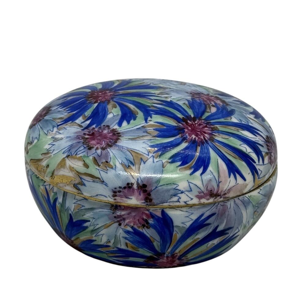 Limoges Porcelain 3 3/4” Lidded Trinket Jar Handpainted Floral Design Gold Trim